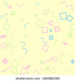 Memphis background.  Modern background with different  color figures for card or banner. Abstract memphis background with geometric colorful figures for your design. Vector texture.