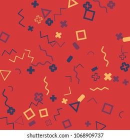 Memphis background.  Modern background with different  color figures for poster or card. Abstract memphis background with geometric colorful figures for your design. Vector texture.