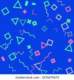 Memphis background.  Modern background with different  color figures for poster or card. Abstract memphis background with geometric colorful figures for your design. Vector texture.
