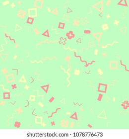 Memphis background.  Modern background with different  color figures for poster or card. Abstract memphis background with geometric colorful figures for your design. Vector texture.