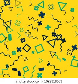 Memphis background.  Modern background with different  color figures for poster or card. Abstract memphis background with geometric colorful figures for your design. Vector texture.