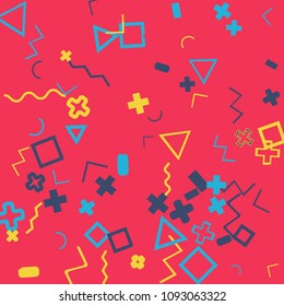 Memphis background.  Modern background with different  color figures for poster or card. Abstract memphis background with geometric colorful figures for your design. Vector texture.