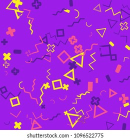 Memphis background.  Modern background with different  color figures for poster or card. Abstract memphis background with geometric colorful figures for your design. Vector texture.