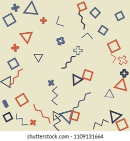 Memphis background.  Modern background with different  color figures for poster or card. Abstract memphis background with geometric colorful figures for your design. Vector texture.