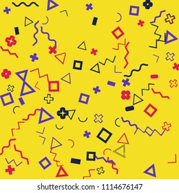 Memphis background.  Modern background with different  color figures for card or banner. Abstract memphis background with geometric colorful figures for your design. Vector texture.