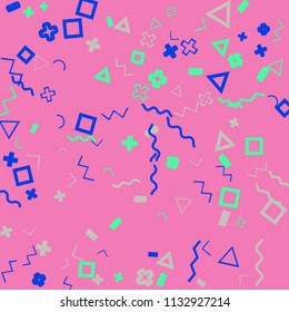 Memphis background.  Modern background with different  color figures for poster or card. Abstract memphis background with geometric colorful figures for your design. Vector texture.
