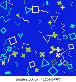 Memphis background.  Modern background with different  color figures for print or card. Abstract memphis background with geometric colorful figures for your design. Vector texture.