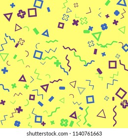 Memphis background.  Modern background with different  color figures for poster or card. Abstract memphis background with geometric colorful figures for your design. Vector texture.