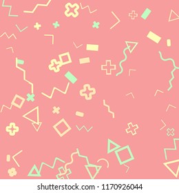 Memphis background.  Modern background with different  color figures for poster or card. Abstract memphis background with geometric colorful figures for your design. Vector texture.