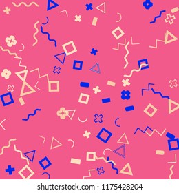 Memphis background.  Modern background with different  color figures for poster or card. Abstract memphis background with geometric colorful figures for your design. Vector texture.
