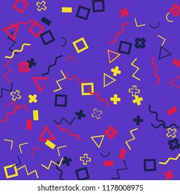 Memphis background.  Modern background with different  color figures for card or banner. Abstract memphis background with geometric colorful figures for your design. Vector texture.