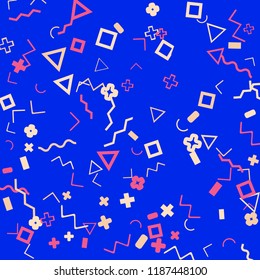 Memphis background.  Modern background with different  color figures for card or banner. Abstract memphis background with geometric colorful figures for your design. Vector texture.
