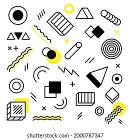 Formas geométricas abstractas. Antecedentes de Memphis. Fondo moderno con elementos gráficos de línea, 3d decorativo minimalista. Vector EPS de fondo blanco