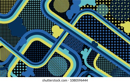 Memphis background. Modern pattern with color strips and different elements for banner or mobile application. Retro Pattern with Color Elements for your Design. Vector Texture.