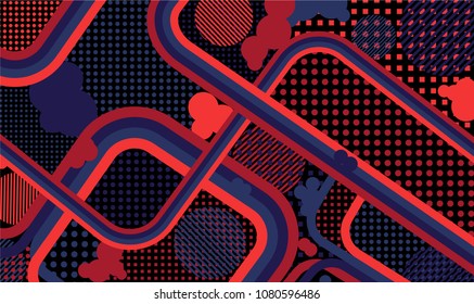 Memphis background. Modern pattern with color strips and different elements for banner or mobile application. Retro-Fututristic Background with Color Elements in Disco Style. Vector Texture.