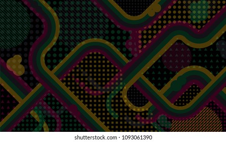 Memphis background. Modern pattern with color strips and different elements for textile or wallpaper. Retro-Fututristic Background with Color Elements in Disco Style. Vector Texture.