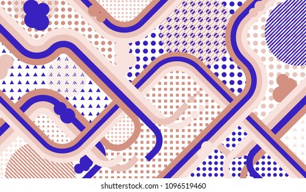 Memphis background. Modern pattern with color strips and different elements for banner or mobile application. Retro Pattern with Color Elements for your Design. Vector Texture.