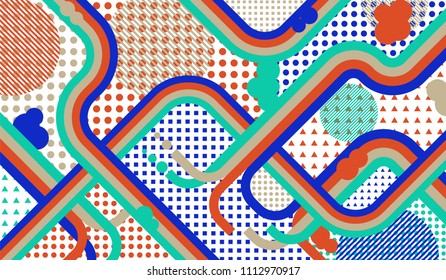 Memphis background. Modern pattern with color strips and different elements for paper or print. Retro Pattern with Color Elements for your Design. Vector Texture.