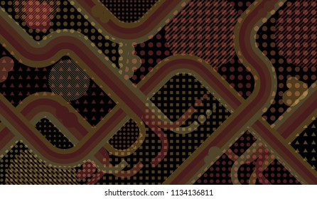 Memphis background. Modern pattern with color strips and different elements for textile or wallpaper. Retro Pattern with Color Elements for your Design. Vector Texture.