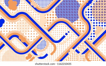 Memphis background. Modern pattern with color strips and different elements for paper or print. Retro-Fututristic Background with Color Elements in Disco Style. Vector Texture.