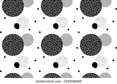 Memphis background. Retro background with black and white figures for poster or card. Abstract memphis background with geometric fabric figures for your design. Vector texture. Vector illustration