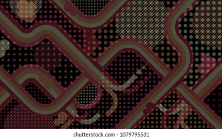 Memphis background. Retro background with color lines and different elements for banner or mobile application. Pop-Art Style. Vintage Background with Color Elements in Disco Style. Vector Texture.