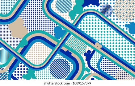 Memphis background. Retro background with color lines and different elements for paper or print. Retro-Fututristic Background with Color Elements in Disco Style. Vector Texture.