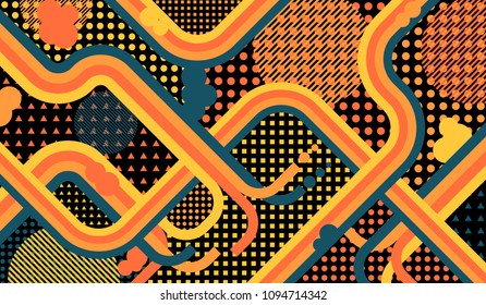 Memphis background. Retro background with color lines and different elements for paper or print. Retro-Fututristic Background with Color Elements in Disco Style. Vector Texture.