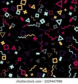 Memphis background.  Retro background with different color figures for mobile application or poster. Memphis background with figures of different forms and colors for your design. Vector texture.