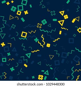 Memphis background.  Retro background with different  color figures for poster or card. Abstract memphis background with geometric colorful figures for your design. Vector texture.