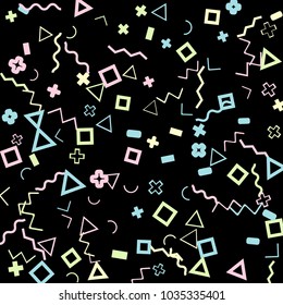 Memphis background.  Retro background with different color figures for mobile application or poster. Memphis background with figures of different forms and colors for your design. Vector texture.