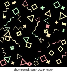 Memphis background.  Retro background with different color figures for mobile application or poster. Memphis background with figures of different forms and colors for your design. Vector texture.