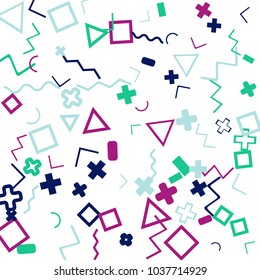 Memphis background.  Retro background with different color figures for print or mobile application. Memphis background with figures of different forms and colors for your design. Vector texture.