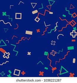 Memphis background.  Retro background with different  color figures for poster or card. Abstract memphis background with geometric colorful figures for your design. Vector texture.