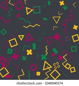 Memphis background.  Retro background with different  color figures for poster or card. Abstract memphis background with geometric colorful figures for your design. Vector texture.