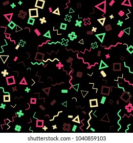 Memphis background.  Retro background with different color figures for print or mobile application. Memphis background with figures of different forms and colors for your design. Vector texture.