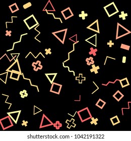 Memphis background.  Retro background with different color figures for card or banner. Memphis background with figures of different forms and colors for your design. Vector texture.