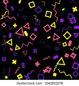 Memphis background.  Retro background with different color figures for card or banner. Memphis background with figures of different forms and colors for your design. Vector texture.