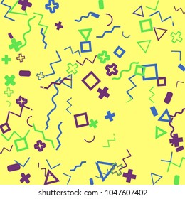 Memphis background.  Retro background with different  color figures for print or card. Abstract memphis background with geometric colorful figures for your design. Vector texture.