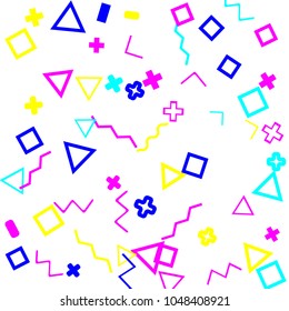 Memphis background.  Retro background with different color figures for mobile application or poster. Memphis background with figures of different forms and colors for your design. Vector texture.
