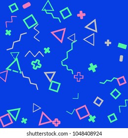 Memphis background.  Retro background with different  color figures for print or card. Abstract memphis background with geometric colorful figures for your design. Vector texture.