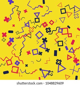 Memphis background.  Retro background with different  color figures for card or banner. Abstract memphis background with geometric colorful figures for your design. Vector texture.