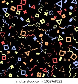 Memphis background.  Retro background with different color figures for mobile application or poster. Memphis background with figures of different forms and colors for your design. Vector texture.