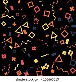 Memphis background.  Retro background with different color figures for poster or print. Memphis background with figures of different forms and colors for your design. Vector texture.