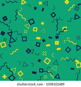Memphis background.  Retro background with different  color figures for poster or card. Abstract memphis background with geometric colorful figures for your design. Vector texture.