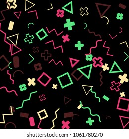 Memphis background.  Retro background with different color figures for card or banner. Memphis background with figures of different forms and colors for your design. Vector texture.