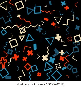 Memphis background.  Retro background with different color figures for card or banner. Memphis background with figures of different forms and colors for your design. Vector texture.