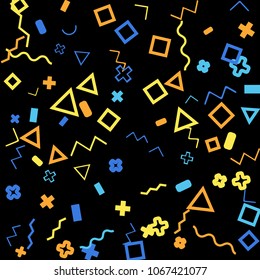 Memphis background.  Retro background with different color figures for card or banner. Memphis background with figures of different forms and colors for your design. Vector texture.