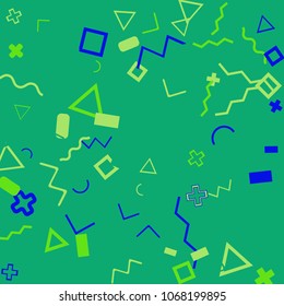 Memphis background.  Retro background with different  color figures for print or card. Abstract memphis background with geometric colorful figures for your design. Vector texture.