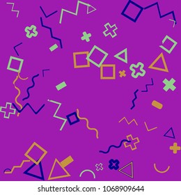 Memphis background.  Retro background with different  color figures for print or card. Abstract memphis background with geometric colorful figures for your design. Vector texture.